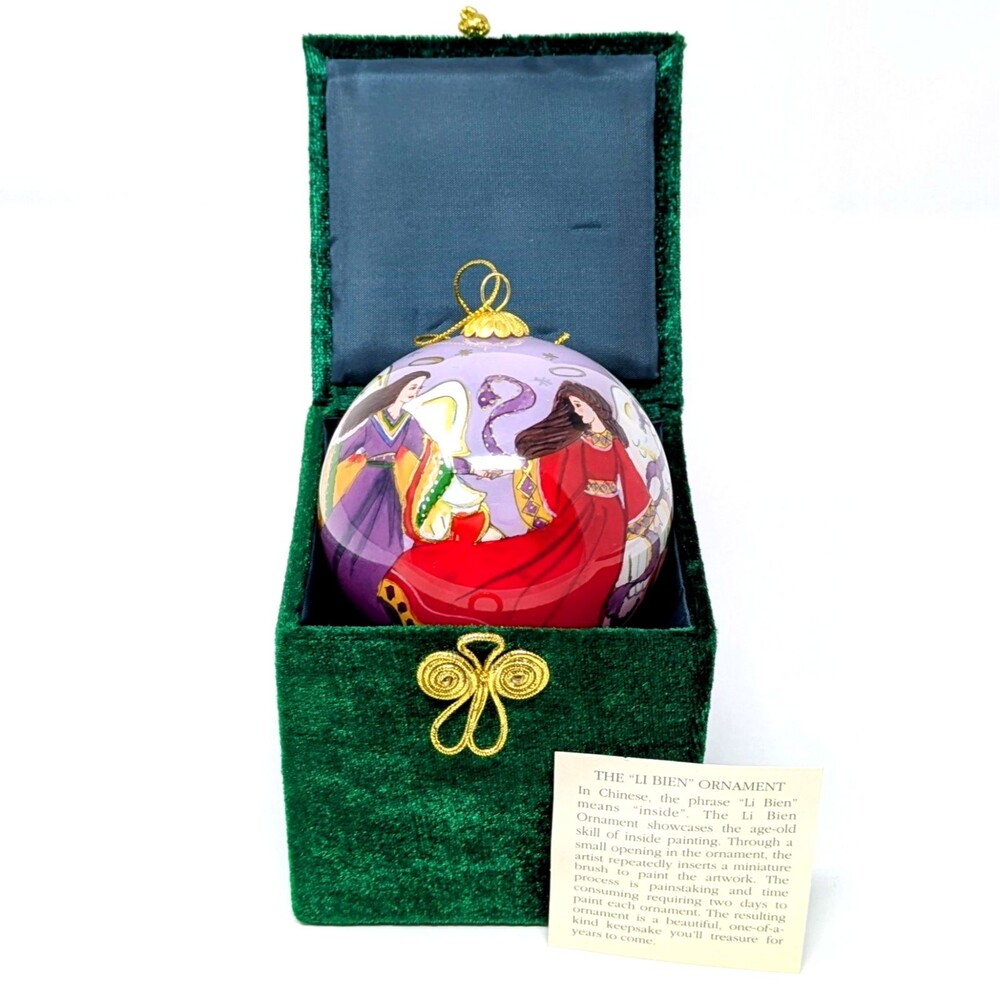 Vtg 2005 "LI BIEN" ANGELS Chinese Inside Painted Glass Christmas Ornament 3"